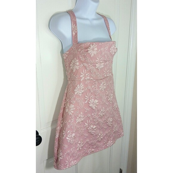Coquette Pink Floral Jacquard Mini Dress Lace Up Corset Back Sexy Romantic NWT L - Picture 6 of 16